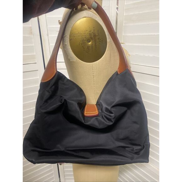Dooney & Bourke Slouchy Hobo Bag, Logo Lock. Black Nylon, Brown Leather Trim - Picture 3 of 11